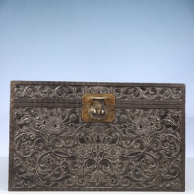 A Huge Zitanwood Lotus Pattern Double-Ears Box,With Poem