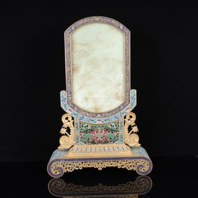 An Exquisite Cloisonne Inlaid White Jade Character and Story Pattern Table Screen,with poem