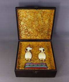 A Pair of Exquisite White Jade Covered silver-gilt Poem Auspicious Cloud and Dragon Pattern Ewers