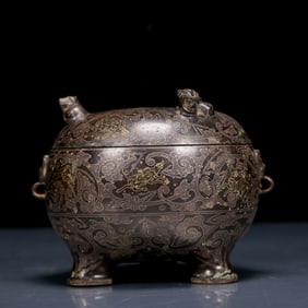 A Rare Bronze Inlaid Gold and Silver Auspicious Beast Pattern Tripod Double-Ears Jar