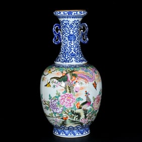 A Huge Blue and White Enamel Painted Gold Flower and Bird Pattern Double-Ears Vase,With Poem