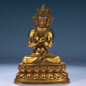 A Solemn Gilt Bronze Statue of Amitayus,Inlaid Gems and Turquoise