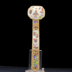 An Exquisite White Jade Gilt Bronze Inlaid Gems Figure Pattern Ruyi