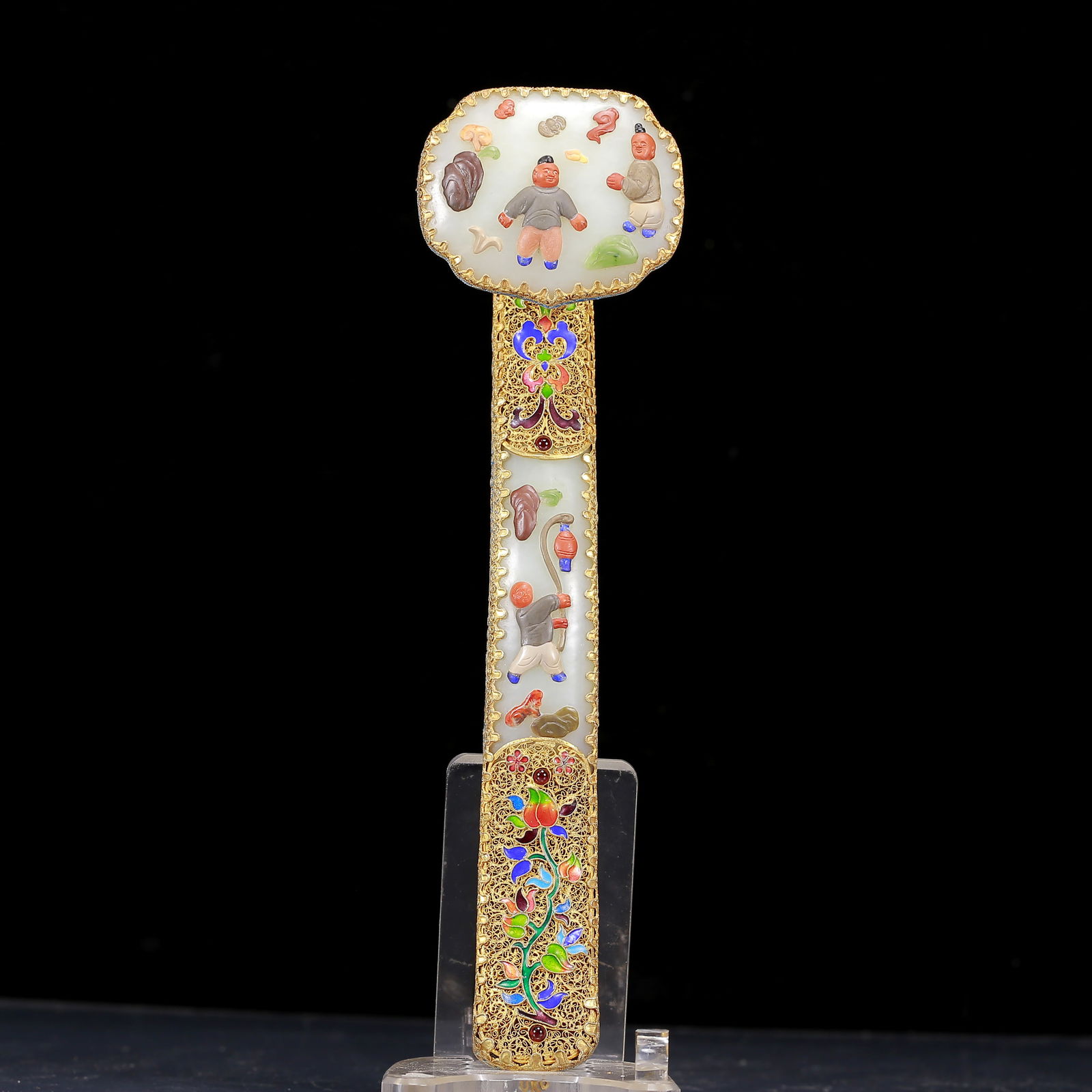 An Exquisite White Jade Gilt Bronze Inlaid Gems Figure Pattern Ruyi (1 of 10)