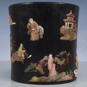 An Exquisite Zitanwood Landscape and Figure Pattern Brush Pot,Inlaid Gems,With Poem