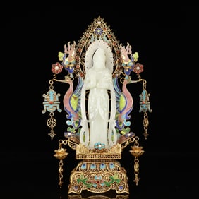 An Exquisite Filigree and Gilding Inlaid White Jade Statue of Avalokitesvara,Inlaid Gems