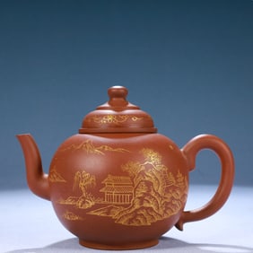 A Yixing Clay Gilded 'Landscape' Ewer With Poem Inscriptions