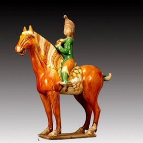 A Rare Tang Tri-Color Glazed Pottery Figure Riding Horse Ornament