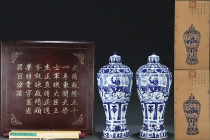 A Pair of Huge Blue and White Lotus,Character and Story Pattern Bottles,With Vertical Scroll Paintin