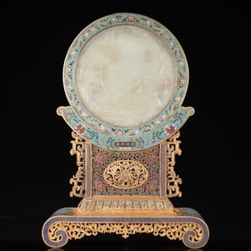 A Huge Cloisonne Inlaid White Jade Landscape and Figure Pattern Table Screen,With Poem