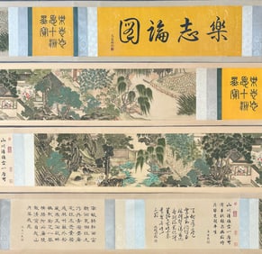 A Chinese Hand Scroll Ink Painting of Landscape and Figure on Silk,Chou Ying