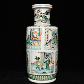 A Huge Wucai Character and Story Pattern Vase,With Poem
