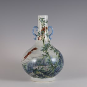 A Rare Enamel Squirrel and Bamboo Pattern Double-Ears Vase,With Poem