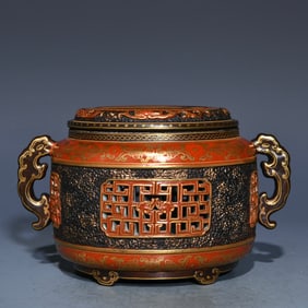 An Exquisite Ancient Bronze Color Iron-Red Glazed Painted Gold Hollow Double-Ears Censer