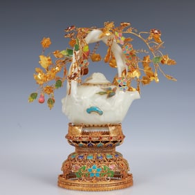 An Exquisite Filigree and Gilding Inlaid White Jade Teapot,Inlaid Gems