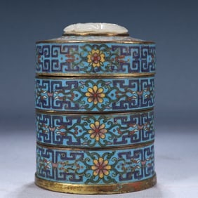 An Exquisite Cloisonne Flower and Bird Pattern Hollow Cover Box,Inlaid White Jade