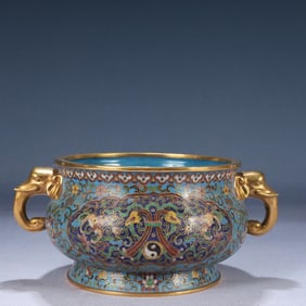 An Exquisite Cloisonne Lotus and Bats Pattern Elephant-Ears Censer