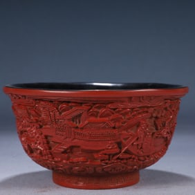 An Exquisite Carved Red Lacquer Landscape and Figure Pattern Bowl