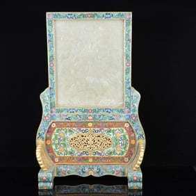 An Exquisite Cloisonne Inlaid White Jade Dragon Pattern Table Screen,with poem