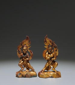 A Pair of Solemn Gilt Bronze Statue of Heavenly King