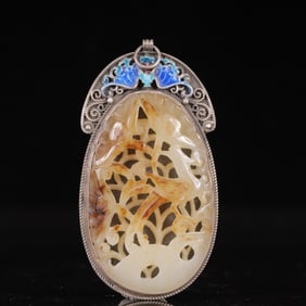 An Exquisite Silver Inlaid White Jade Flower and Bird Pattern Pendant