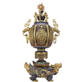 A Huge Cloisonne Hollow Fish and Phoenix Pattern Dragon-Ears Censer,With Auspicious Beast-Shaped Bas