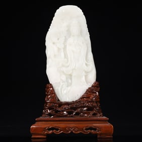 A Rare White Jade Auspicious Cloud and Avalokitesvara Pattern Ornament,With Base