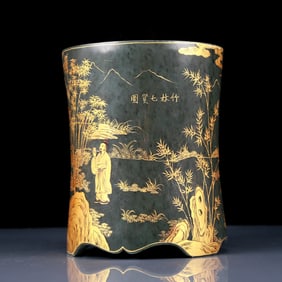 An Exquisite Jasper Painted Gold Bamboo and Figure Pattern Brush Pot