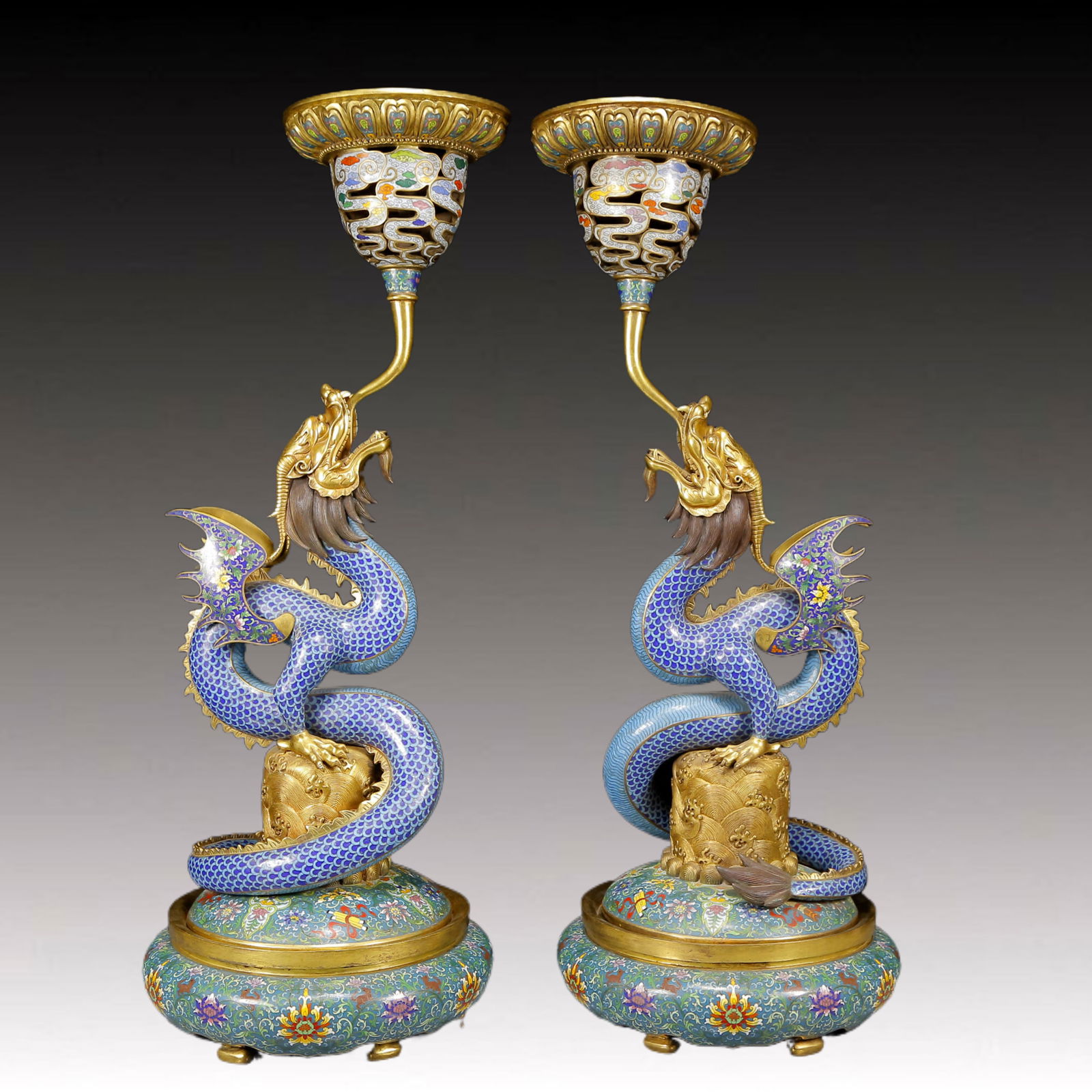 A Pair of Huge Cloisonne Dragon-Shaped Candlesticks: A Pair of Huge Cloisonne Dragon-Shaped Candlesticks,Qing Dynasty, China,Qianlong Mark,Size:31cmx85cm,Total Weight:34920g 一对景泰蓝龙型烛台，