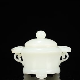 An Exquisite White Jade Double-Ears and Tripod Cover Jar