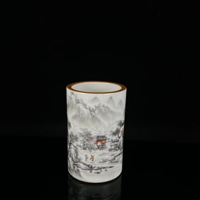 An Exquisite Ink Color Landscape and Figure Pattern Brush Pot,With Poem