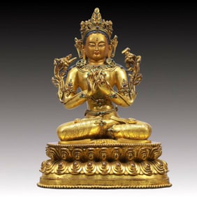A Solemn Gilt Bronze Inlaid Gems Statue of Manjusri