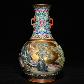An Exquisite Famille-Rose Gilded Gold Landscape and Figure Pattern Double-Ears Vase