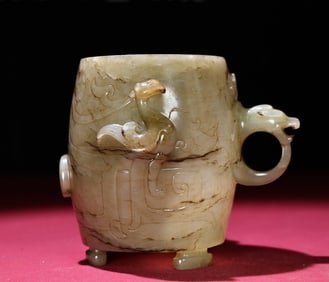 An Exquisite White Jade Dragon and Phoenix Pattern Tripod Cup