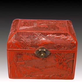 A Rare Carved Red Lacquer Landscape Pattern Box