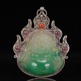 An Exquisite Silver Inlaid Jadeite Statue of Maitreya Buddha Pendant,Inlaid Gems