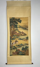 A Chinese Vertical Scroll Ink Painting of Hunting on Silk,Lang Shining