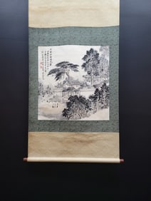 A Chinese Vertical Scroll Ink Painting of Landscape and Figure on Paper,Li Keran