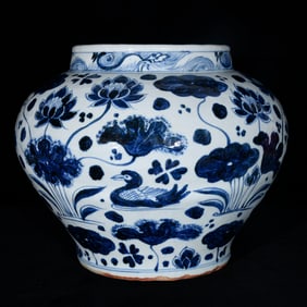 A Rare Blue and White Lotus and Mandarin Duck Pattern Jar