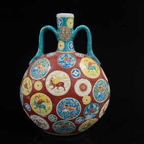 A Rare Famille-Rose Red Glazed Flower and Auspicious Beast Pattern Double-Ears Vase