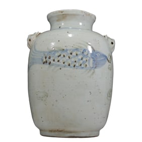 An Elaborate Blue And White Copper-Red 'Fish' Beast-Handled Korean Jar