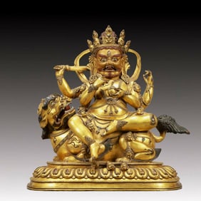 A Solemn Gilt Bronze Statue of Mammon Rides the Lion,Inlaid Turquoise,With Inscription