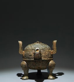An Archaic Bronze Chi-Dragon Pattern Double-Ears and Tripod Censer,With Inscription