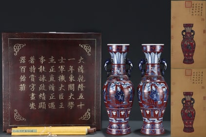 A Pair of Huge Red Glazed Blue and White Lotus,Character and Story Pattern Elephant-Ears Vases,With