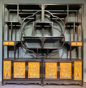 A Huge Zitanwood Auspicious Cloud and Dragon Pattern Shelf,With Poem