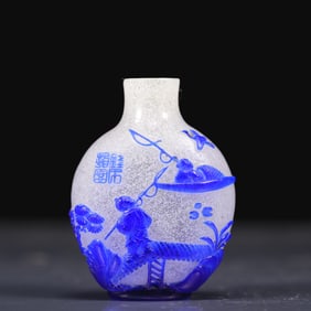 A Fantastic Blue Overlay Snowflake Glass 'Landscape& Figure' Snuff Bottle