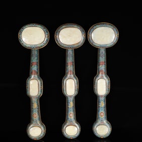 A Set of Huge Cloisonne Inlaid White Jade Auspicious Cloud and Dragon Pattern Ruyi
