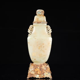 An Exquisite White Jade Poem Double-Ears Vase