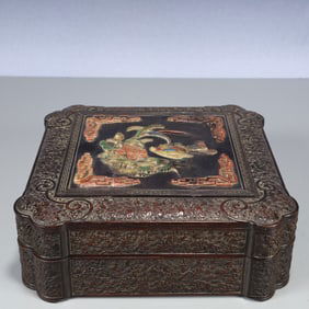 An Exquisite Zitanwood Seawater,Flower and Bird Pattern Cover Box,Inlaid Gems