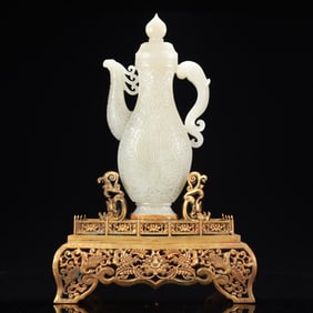A Rare White Jade Flower Pattern Ewer,With Gilt Bronze Base